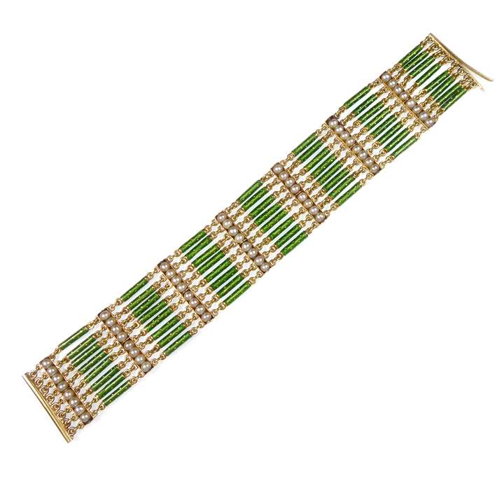 Green enamel, pearl and gold bracelet